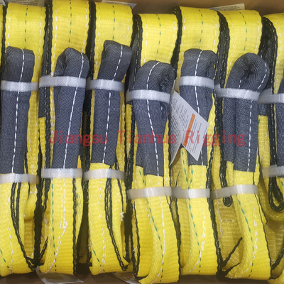 Yellow Polyester Web Sling have one Blue Stripe in the middle of webbing, 9800 #/inch 2Ply, Twisted Eyes Each End
